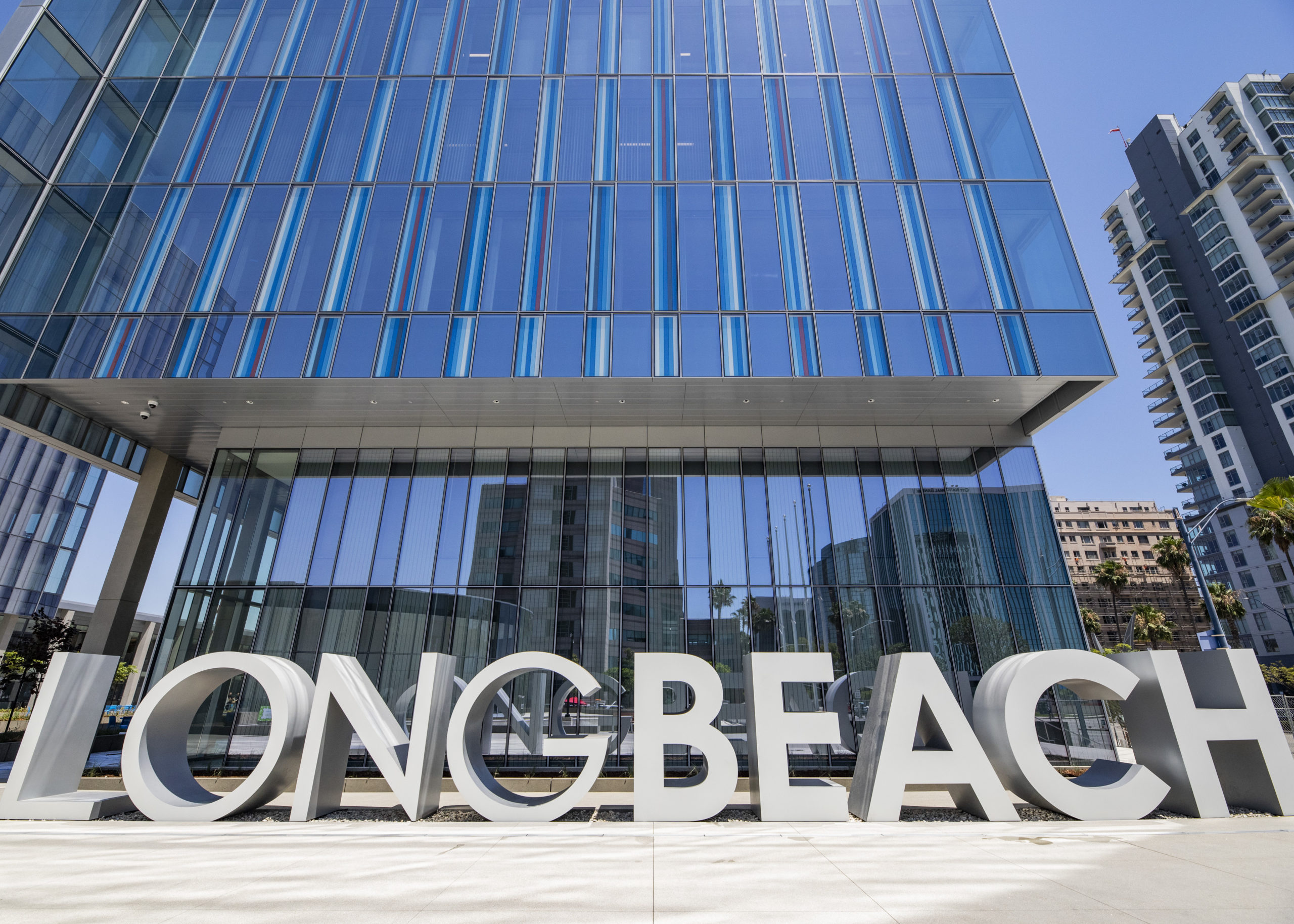 Long Beach Civic Center glass building and landmark sign